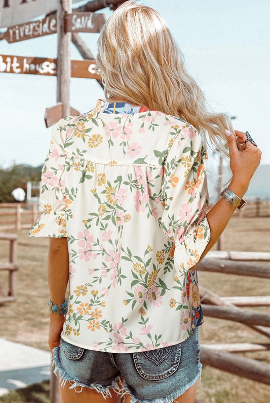 Crochet Boho Half Sleeve Floral Blouse