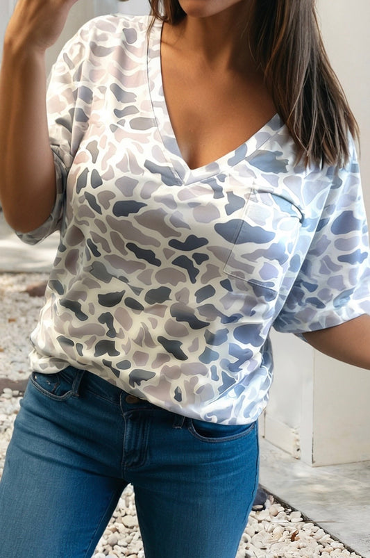 Camo Print Single Chest Pocket V Neck Tee