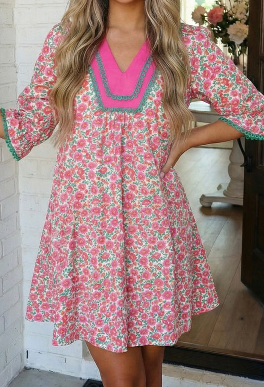 Floral Print Patchwork Bubble Sleeve Mini Dress