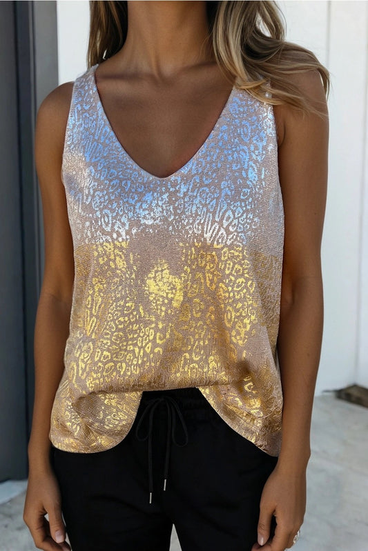 V Neck Leopard Metallic Sleeveless Top