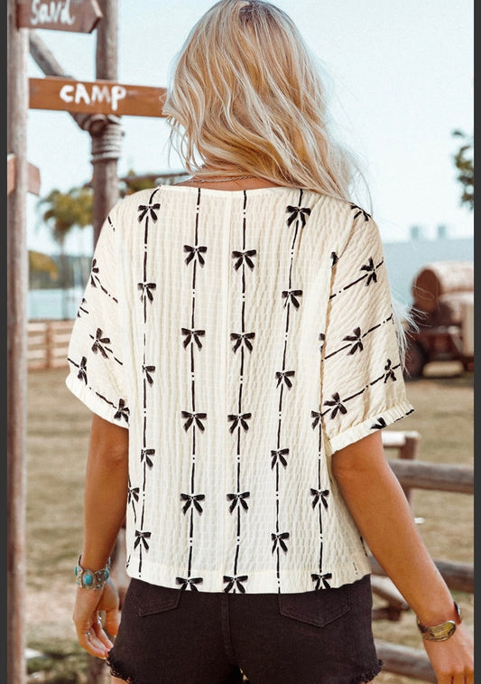 Bow Print Puff Short Sleeve Top