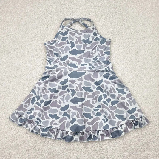 Girls Strap Gray Camo Yoga Ruffle Dress