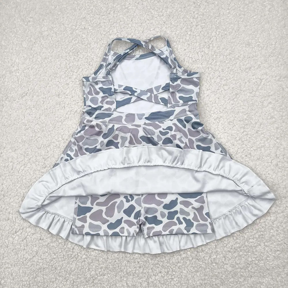 Girls Strap Gray Camo Yoga Ruffle Dress
